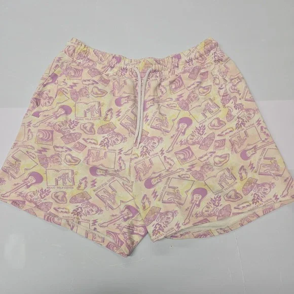 H&M Relaxed Fit MTV Print Sweat Shorts Women's Medium Pink Yellow - Picture 1 of 6